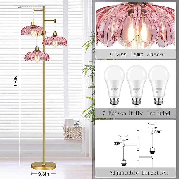 ILLMTW Pink Floor Lamp for Living Room,Bedroom,Gold Flower Mid Century Modern Standing Lamp Brass Tree 3 Light Tall Floor Lamps Vintage Floor Lights Glass Lamp Shade Farmhouse Boho Bohemian