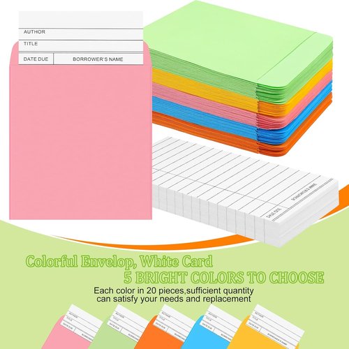 Library Pocket Envelopes by [Brand Name] - 200 Pcs with 100 Self-Adhesive Envelopes & 100 Checkout Cards | Colorful Design