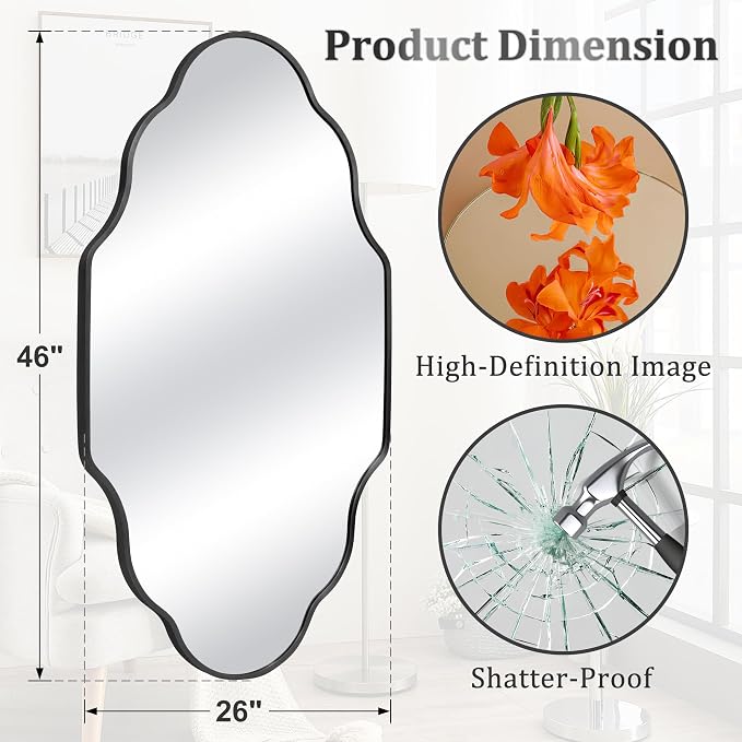 Scalloped Mirror for Bathroom - 26"x46" Black Bathroom Mirror with Aviation Aluminum Alloy Frame & Shatter-Proof Glass for Living Room Bedroom Entryway, Brushed Black Frame(x1)