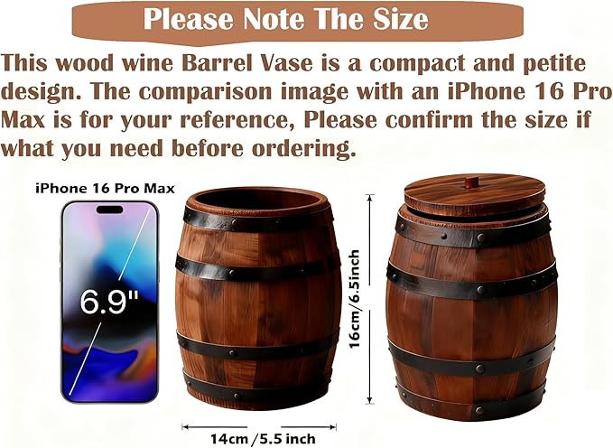 Wood Wine Barrel Vase 6" x 5" – Mini Barrel Rustic Wooden Flower Vase Planter for Wedding Reception, Party Table Decoration,Home Indoor Outdoor Garden, Kitchen,Planting-2pcs (2)