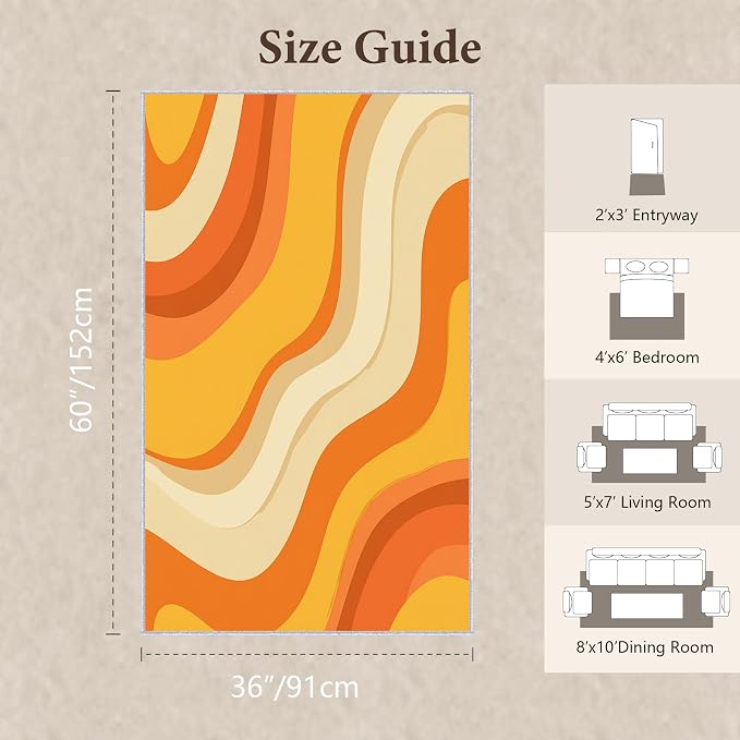 Sunset Flow Area Rug 3x5, Modern Abstract Wave Rug, Retro Orange Neutral Carpet for Living Room Bedroom, Soft Non Slip Washable Rug
