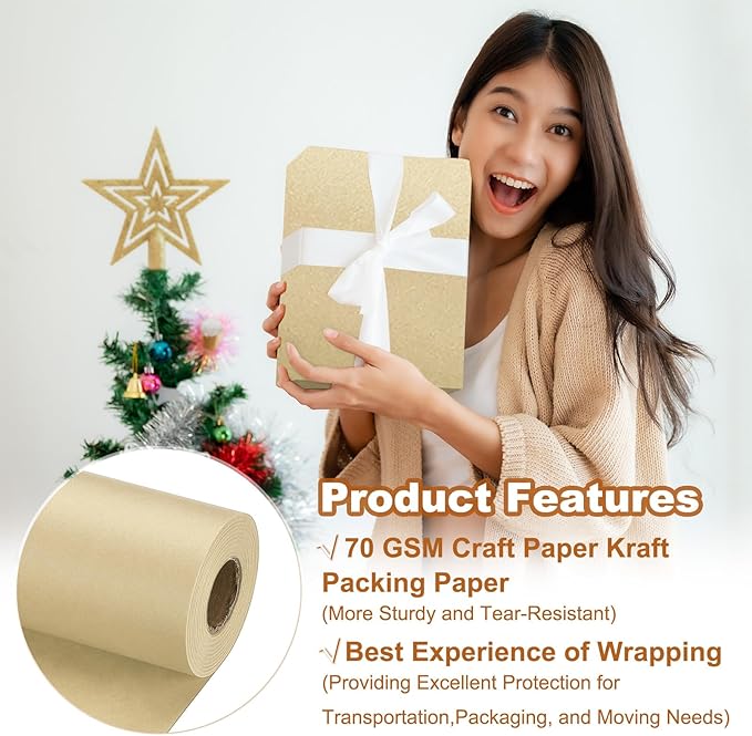 PATIKIL Wrapping Paper, 20" x 700"(59') 70 GSM Craft Paper Roll Kraft Packing Paper for Poster Bulletin Board, Gift Wrapping, Brown
