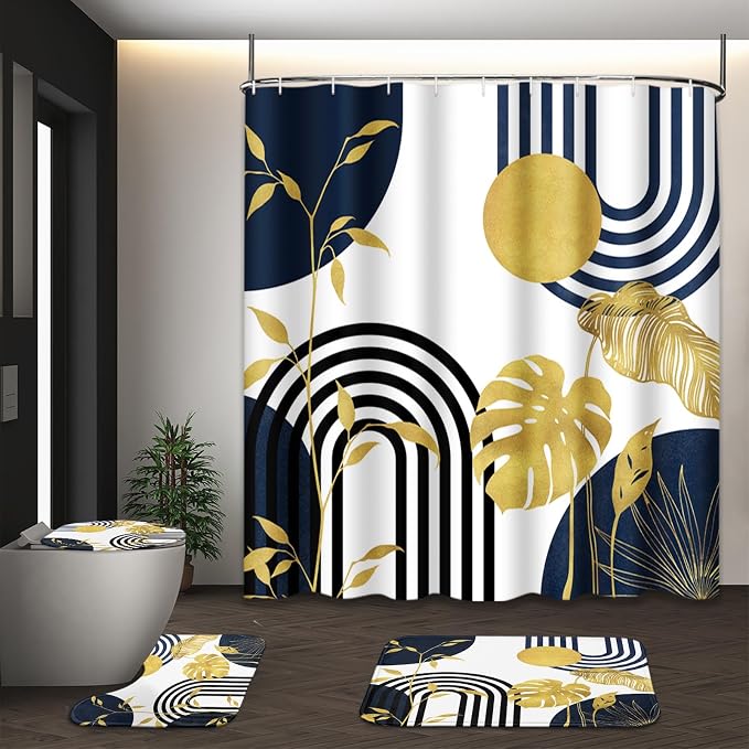 Boho Blue Shower Curtain Set with Toilet Lid Cover and Non-Slip Rugs, Abstract Botanical Navy Gold 4 Pcs Modern Minimalist Vintage Shower Curtain for Bathroom Set with 12 Hooks