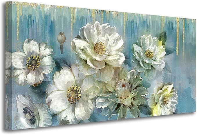 Ardemy Floral Canvas Wall Art for Living Room Large Magnolia White Flowers Teal Picture Bedroom Wall Decor Textured Painting Modern Turquoise Artwork Dining Room Home Office, Large 48"x24"
