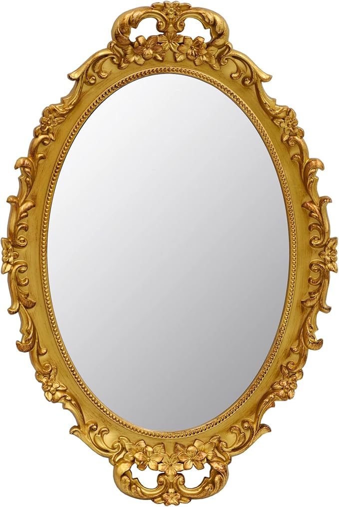 Tstarer Vintage Decorative Gold Framed Mirror, Small Oval Wall Hanging Mirror -Small- 9.6" W x 14.3" L (Gold)