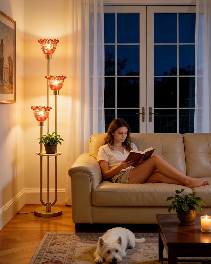 Lightdot Glass Floor Lamp for Living Room Gold Floor Lamp with Rose Red Glass Shade & 3000K Bulbs Included Modern Tall Standing Lamp with 5Lbs Heavy Base for Bedroom/Sofa Beside/Corner Decor