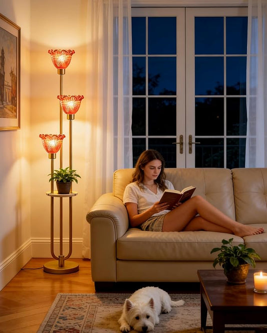 Lightdot Glass Floor Lamp for Living Room Gold Floor Lamp with Rose Red Glass Shade & 3000K Bulbs Included Modern Tall Standing Lamp with 5Lbs Heavy Base for Bedroom/Sofa Beside/Corner Decor