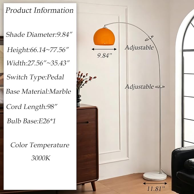 Orange Arc Floor Lamp with Acrylic Shade,Arch Reading Lamp Floor Standing,Mid Century Modern Orange Standing Lamp for Living Room Bedroom