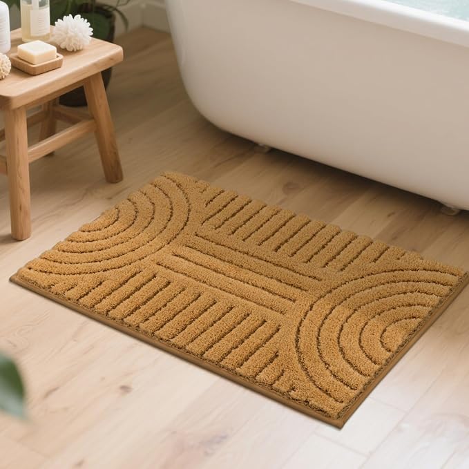SHACOS Boho Bathroom Rugs 20"x32" Super Soft Absorbent Microfiber Bath Mats Home Decor Non Slip Backing Bath Rugs Machine Washable Shaggy Carpet for Shower Bathtub Floor, Mustard 1'8" x 2'8"