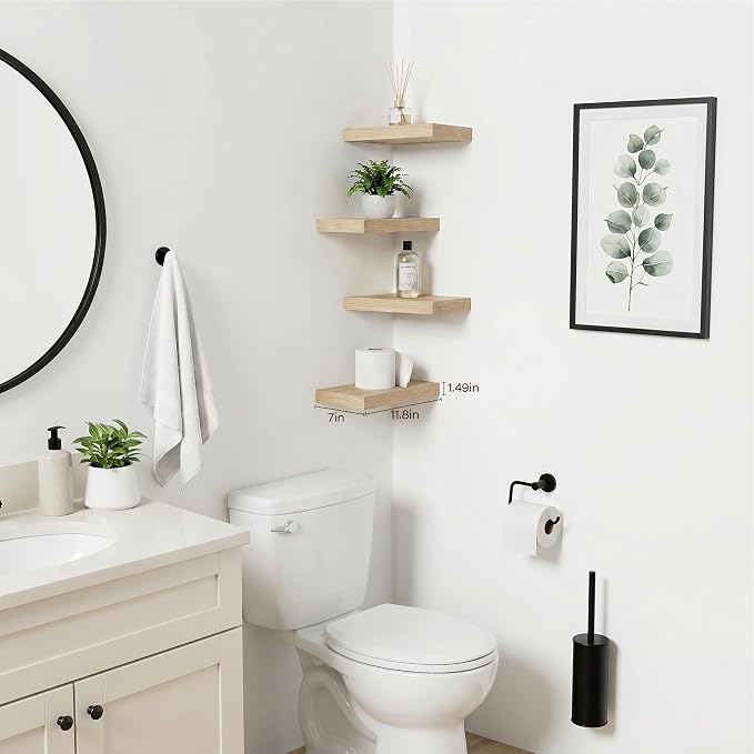 Oak Floating Shelves for Wall Set of 4, 11.8 Inch Small Wood Wall Shelves for Bathroom Over Toilet, Kitchen & Bedroom Storage, Wall Mounted Shelves for Spice Jars, Coffee Bar & Decor