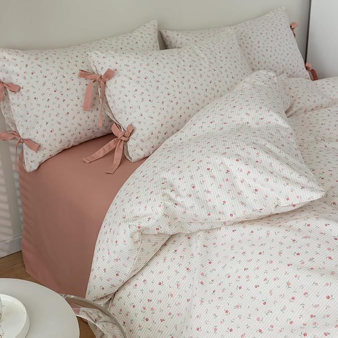 Floral Print Bedding Duvet Cover Twin XL Pink Flower Duvet Cover Cotton Floral Botanical Comforter Cover Girls Cottagecore Bedding Set Vintage Country Comforter Cover with 2 Bowknot Pillowcases