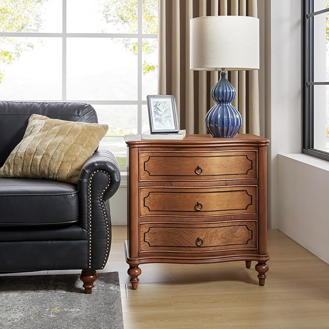 HULALA HOME Traditional Side Table with 3 Drawers, Tall Side Table with Curved Front Profle Desgin, Charging Station, Solid Wood Legs, Walnut