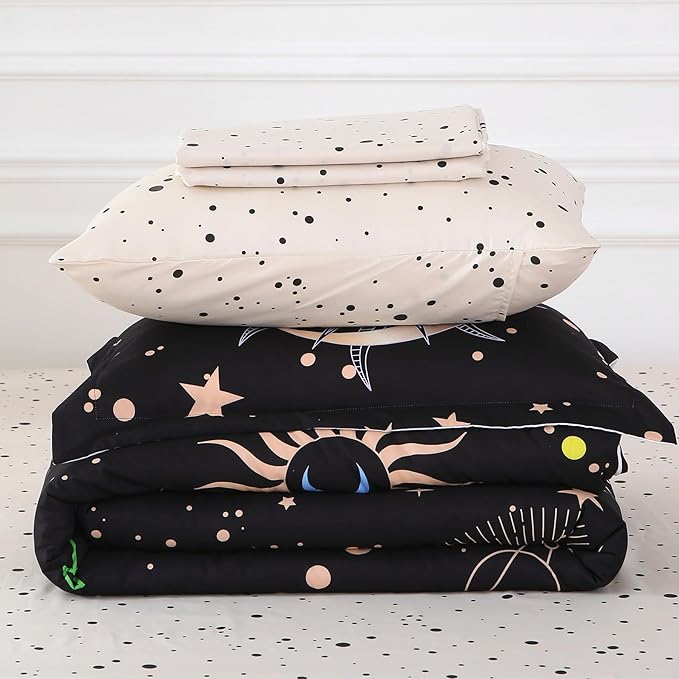 7 Piece Sun and Moon Comforter Set Bed in a Bag Queen Size - Boho Celestial Constellations Bedding for Girls Women - Black Gold - Lightweight Comforter with Sheets and Pillowcases