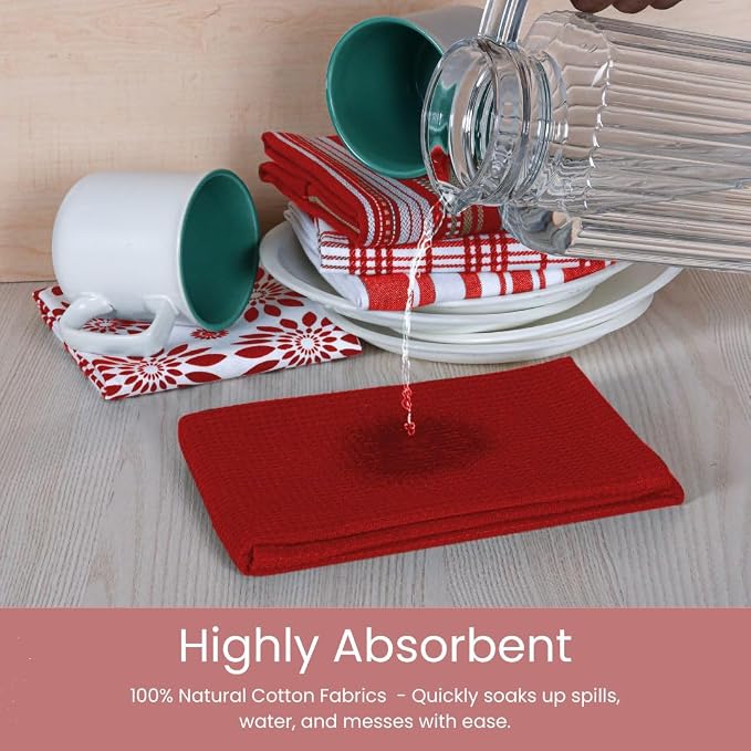 Assorted Kitchen Towels - Red Kitchen Towels, Set of 5, 16x26 in - Absorbent 100% Cotton Dish Towels with Hanging Loop - Waffle Weave Tea Towels for Drying Dishes, Glassware & Counters