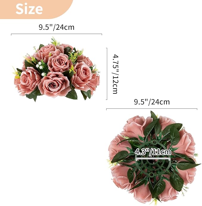 NUPTIO Artificial Flower Centrepieces for Tables - 6 Pcs Dusty Rose Fake Flowers Roses Balls 9.5in Diameter - Silk Faux Rose Arrangement for Wedding Party Centerpiece Table Decorations
