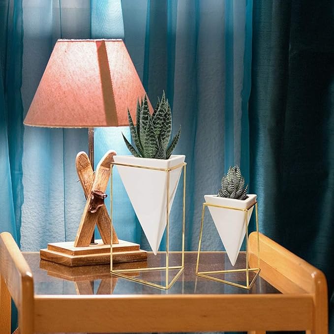Modern Geometric Table Vases - Set of 2, 1 x Large, 1 x Small, White Ceramic Porcelain Style Baskets, with Decorative Brass Wire Frames - Accents Blue, Turquoise, and Yellow Flowers