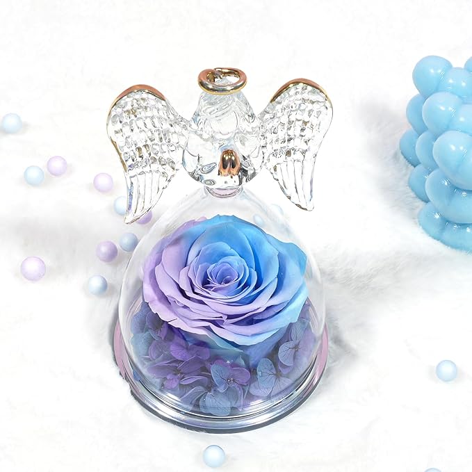 Yamonic Gifts for Mom Birthday,Angel Figurines with Real Rose Gifts for Her Mom Grandma,Preserved Flower Rose for Valentines Day Mothers Day Christmas Anniversary Birthday Gifts for Women(Blue-purple)