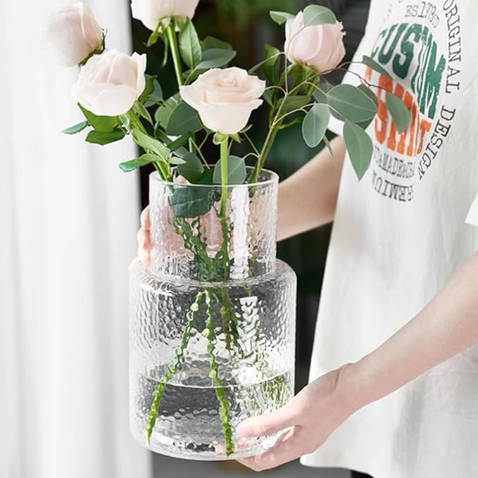 Large Glass Vase - Clear Ribbed Vase - Fluted Flower vase for Modern Home Décor - Glass vases for Centerpieces - Living Room, Dining Table, Shelf, Entryway, Office, Wedding Centerpieces