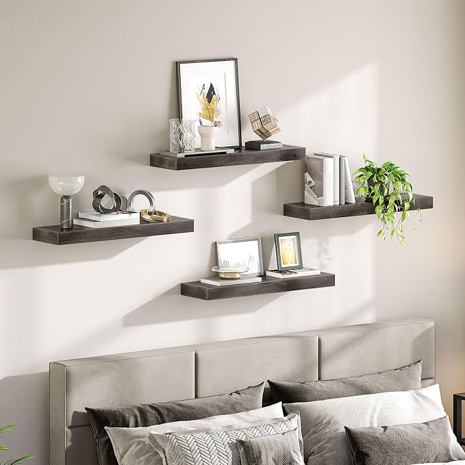 HOOBRO Floating Shelves for Wall, Wall Mounted Shelf Set of 2, 23.6" Hanging Shelf with Invisible Brackets, for Wall Decor Storage in Bathroom Bedroom Kitchen Livingroom Office, Charcoal Gray BC60BJ01