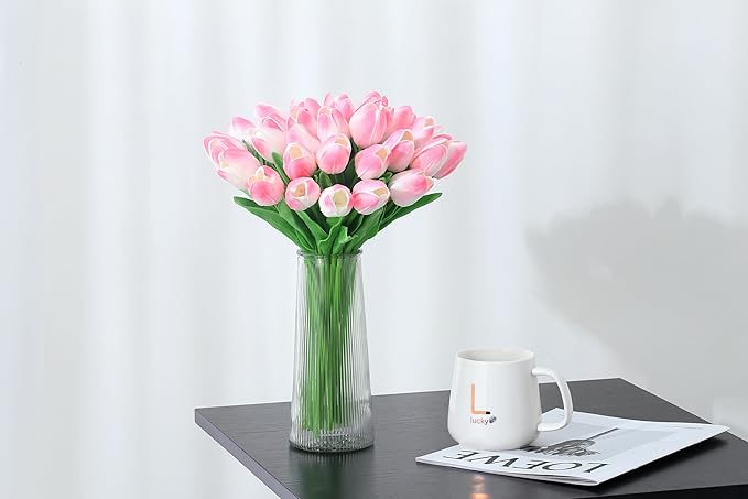 20pcs Pink Tulips Artificial Flowers Fake Silk Tulips Real Touch Flowers for Spring Kitchen Wedding Home Decor Arrangements Easter Decor 14 Inch