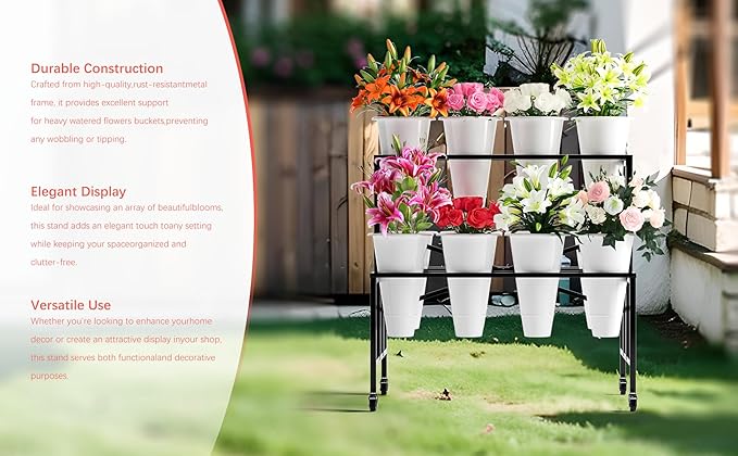 Zhongma Flower Bar Stand Display shelf with White Buckets for Fresh and Diy flowers Bouquet Rack Organizer Heavy Duty Flower Bucket Stand with Wheels