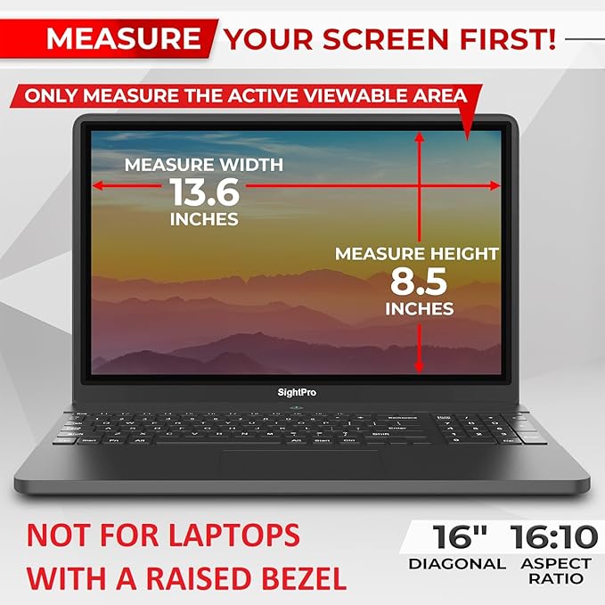 SightPro Magnetic Laptop Privacy Screen 16 Inch 16:10 - Patented Removable Computer Privacy Filter Shield and Protector