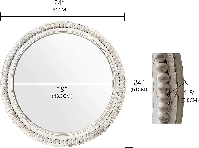 dwellington Rustic Round Wall 24 Inch Wood Circle Mirror with Beads, Decorative Farmhouse Mirror for Living Room, Bedroom, Kitchen, Entryway (White)