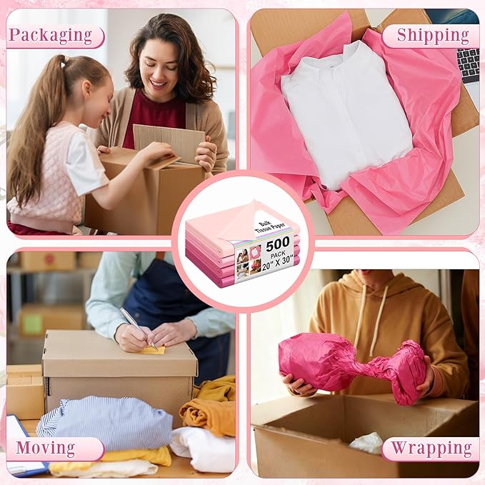 Qilery 500 Sheets Pink Tissue Paper Bulk for Gift Bags 20 x 30 Inch Acid Free Wrapping Paper Sheets for Christmas Decoration DIY Crafts, Packing Supplies for Moving, Wedding Party, DIY Flowers
