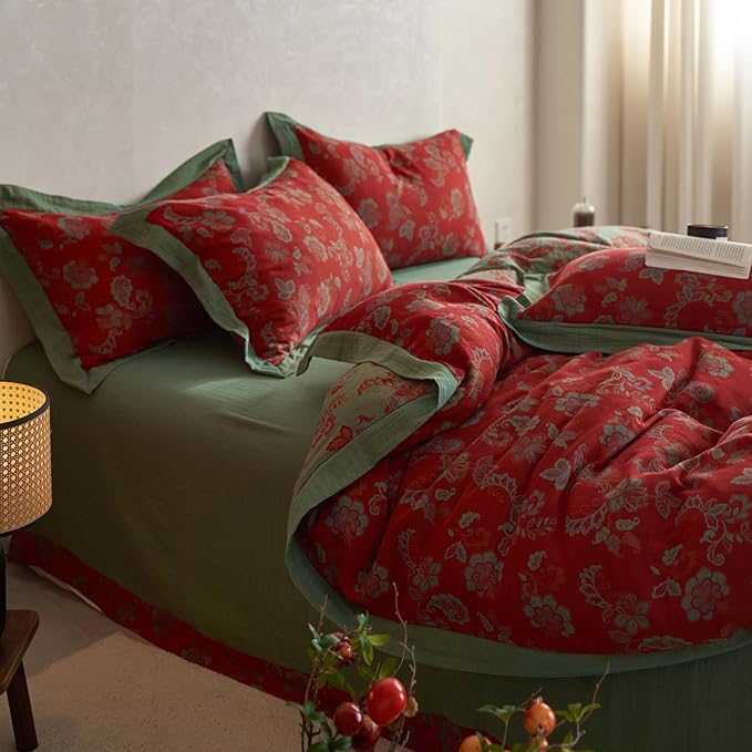 mixinni Exquisite Vintage Red Floral Duvet Cover King Size Yarn-Dyed Jacquard Textured Design Duvet Cover Set with Green Edge Design Premium Muslin Cotton-Linen Bedding Set for All Season-King Size