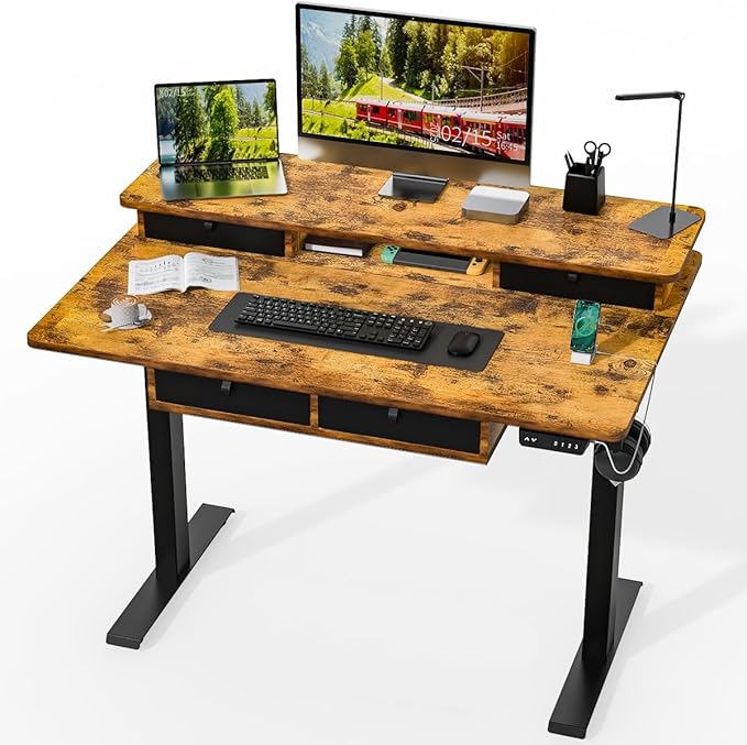 Kingant Standing Desk with Fast Charging USB Ports, 48" x 30" Height Adjustable Home Office & Gaming Desk, Sit Stand Desk with Built-in Storage Shelf, Hook & Ergonomic Design(Rustic Brown)