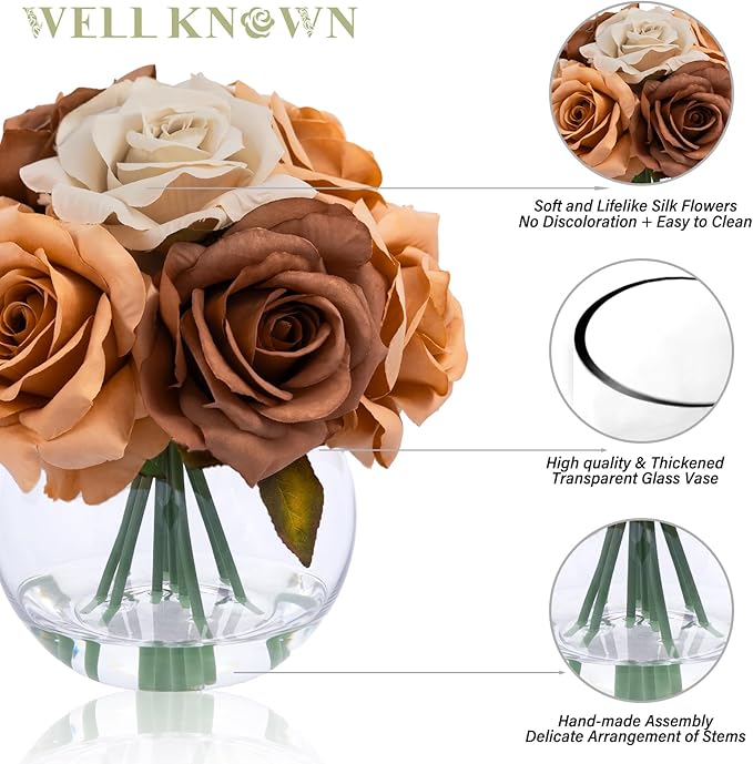 WELL KNOWN Silk Rose Artificial Flowers Arrangements with Vase, Artificial Coffee & Orange Rose Bouquet in Vase with Faux Water for Fall Home Party Wedding Table Centerpieces Decor & Gift (Earth)