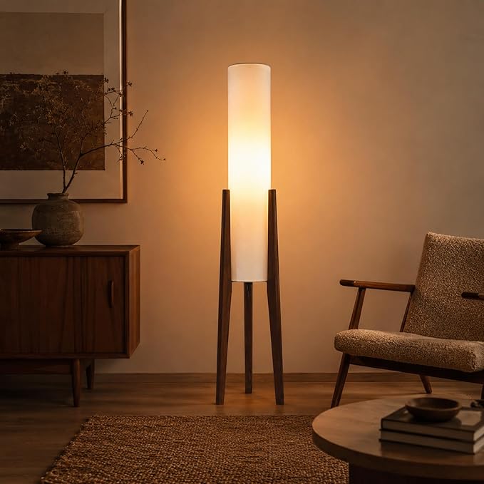 MIXL-Walnut Wood Finish Tripod Floor Lamp,Cylinder Shade Tall Standing Lamp,Rustic Living Room Floor Lamp,Mid Century Modern Standing Light for Bedroom Office