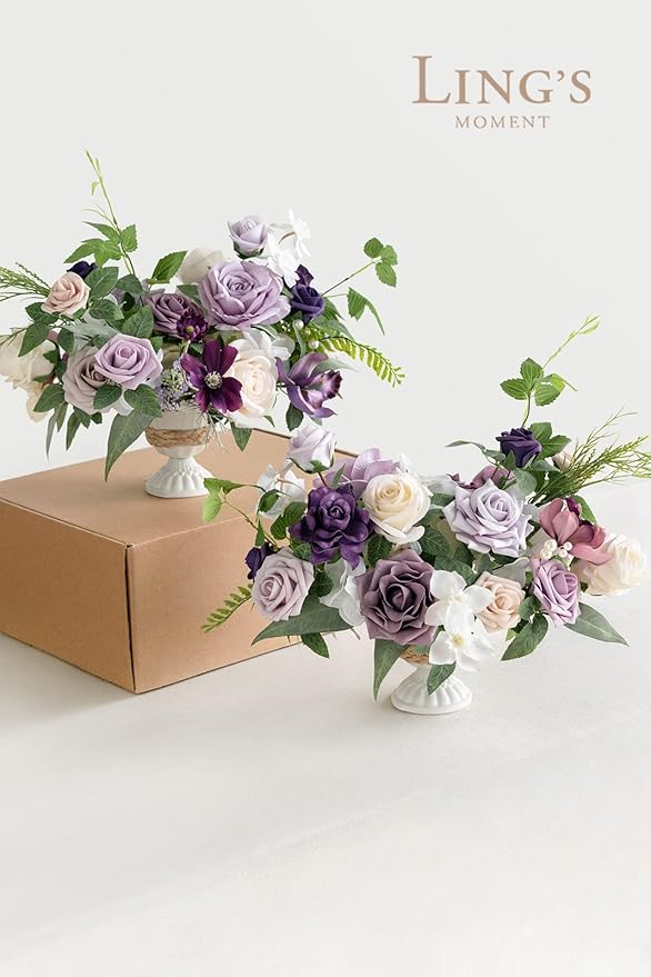 Ling's moment Lilac & Gold Artificial Flowers with Vase Wedding Decor Centerpiece Flower Potted for Ceremony Reception Tabletop Desk Flowers Mantel Archway Aisle, Light Purple Fake Flowers Set of 2