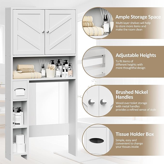 Bathroom Storage Cabinet Over Toilet with Toilet Paper Holder Stand, Freestanding Bathroom Storage Organizer Cabinet Space Saver W/Adjustable Shelf, White