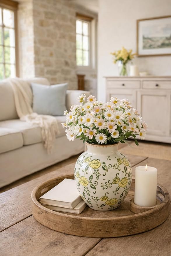 SIDUCAL Ceramic Vintage Vase, 5.83 Inch Yellow Rose Chinoiserie Floral Vase, Rustic Farmhouse Vases for Bouquet, Home Decor, Living Room, Bookshelf, Garden, Tuscan Decor