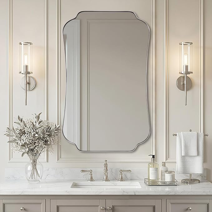 ANDY STAR 30x48 Brushed Nickel Mirror, Large Silver Scalloped Bathroom Wall Mirror with Metal Frame for Vanity, Vintage Scalloped Edge Design with Anti-Rust SUS Frame