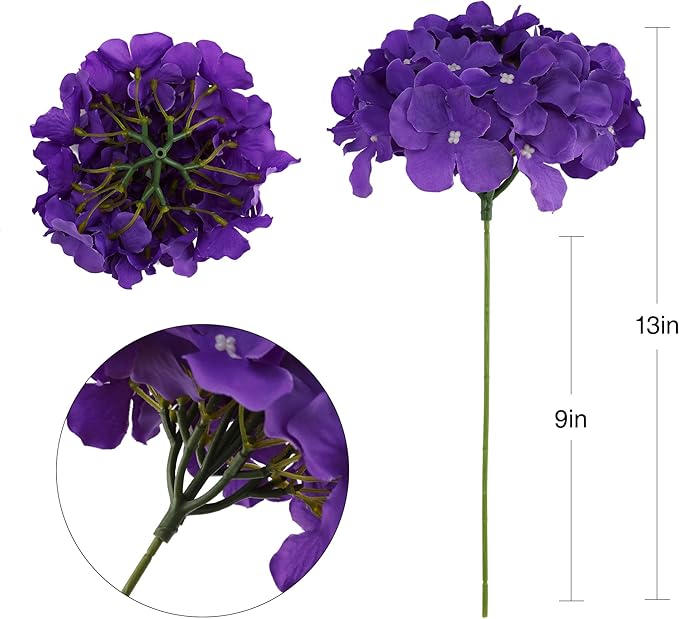 Fake Purple Hydrangea Artificial Flowers - Faux Silk Hydrangeas Flowers Heads with Stems Real Touch for Home Wedding Party Table Decor(Purple,Pack of 10)