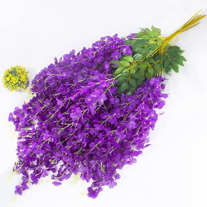 12 Pack Artificial Flowers Silk Wisteria Vine Ratta Hanging Flower (Blue)