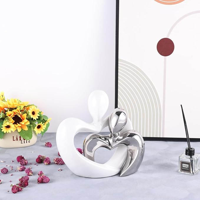 Silver Home Decor,Couple Statue Decor,Tv Stand Decor Living Room Decor Table ,Abstract Art Ceramic Statue and Sculpture,White Statues for Decor Couple Sculpture, Unusual Home Decor (White Silver)
