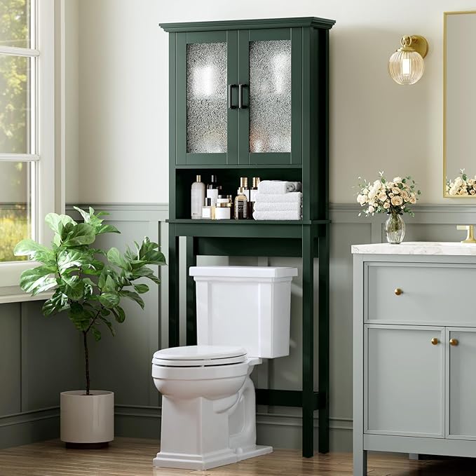 Over The Toilet Storage Cabinet, Over Toilet Storage with Glass Doors and Adjustable Shelf, Thicken Frame Above The Toilet Storage Cabinet Behind The Toilet Bathroom Organizer, Forest Green