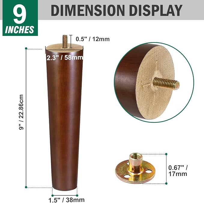 FoDau770 Brown Rubber Wood Furniture Legs 9 Inches, Straight Tapered Wood Feet Mid Century Sofa Legs Set of 4, 5/16" UNC Furniture Feet for Cabinet Couch Dresser Chair Ottoman Table