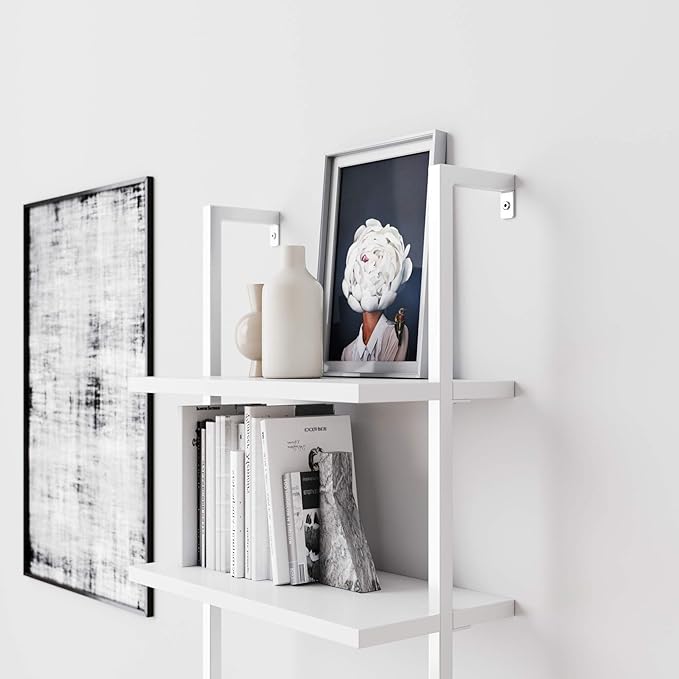 Nathan James Theo 5-Shelf Modern Bookcase, Open Wall Mount Ladder Bookshelf with Industrial Metal Frame, White, Set of 2