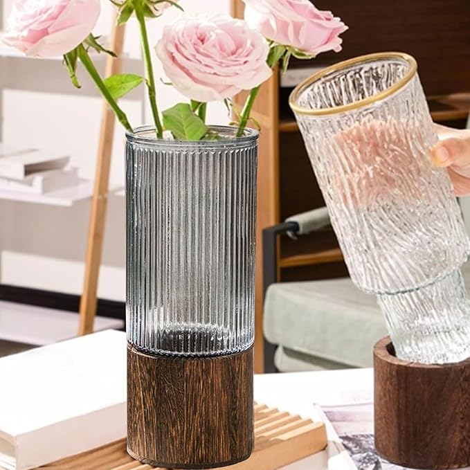 Wooden Vase, Glass Vase with Wooden Base Cylindrical Flower Vase, Classic Boho Rustic Style for Fireplace Bedroom Kitchen Living Room Centerpieces Office Desk, 10" H (Vertical Grain)