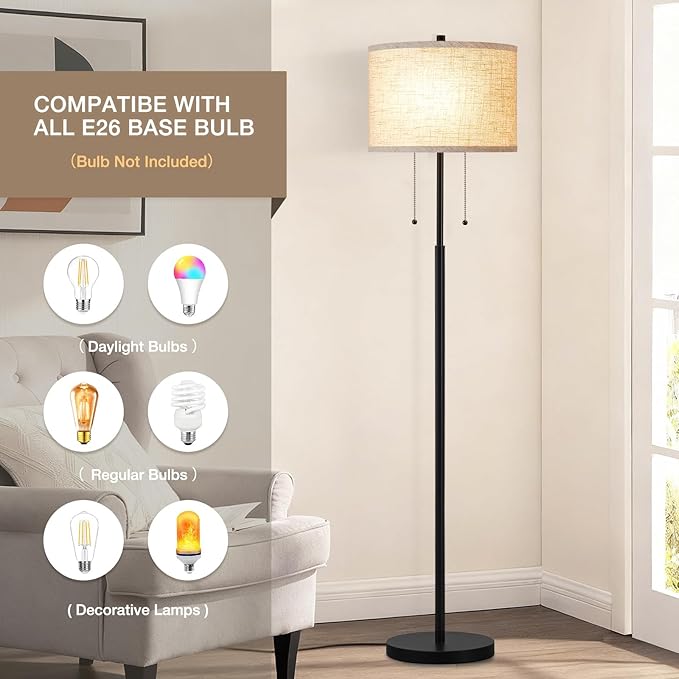 Luvkczc Floor Lamp, 62" Standing Lamp Tall Lamp with Fabric Lampshade&Pull Chain Corner Floor Lamps for Living Room, Bedroom,Office, 2 Bulb Socket