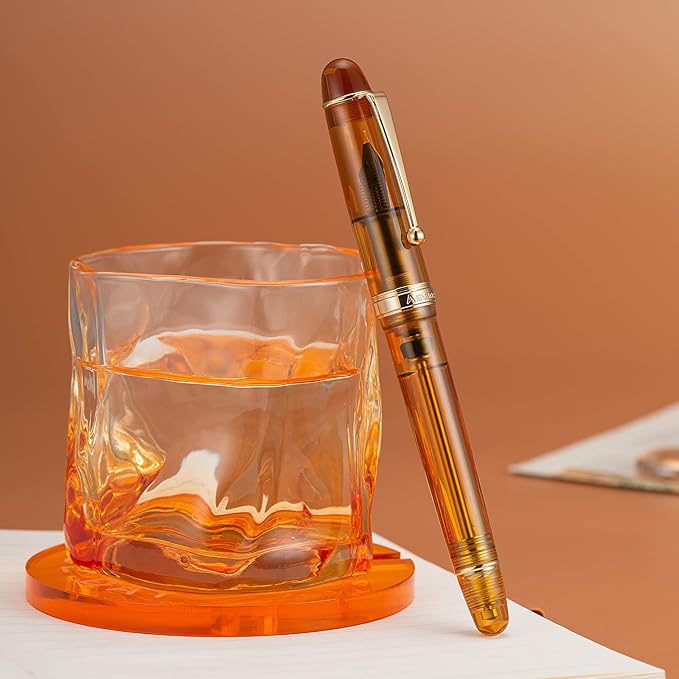 Asvine V126 Vacuum Filling Fountain Pen, Transparent Brown Acrylic Stub Nib 1.1mm Calligraphy Art Drawing with Case Set