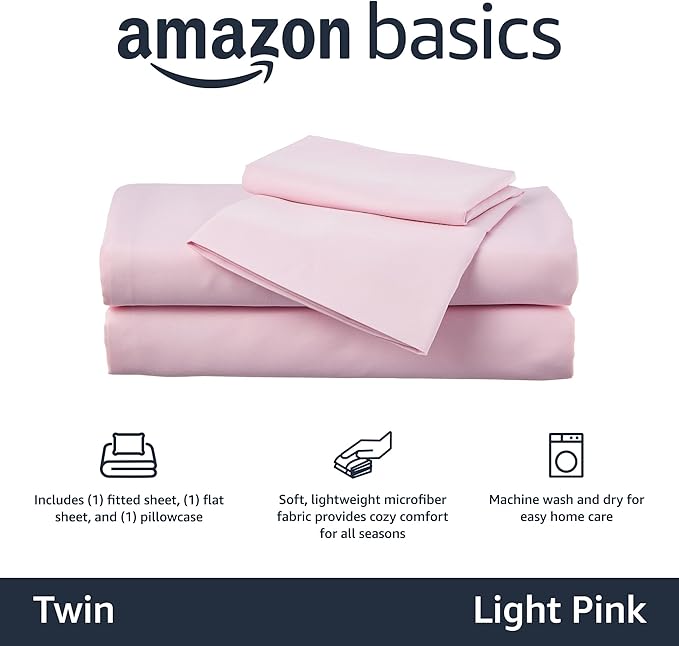 Amazon Basics Kid's Soft Easy-Wash Lightweight Microfiber 3-Piece Sheet Set, Twin, Light Pink, Solid