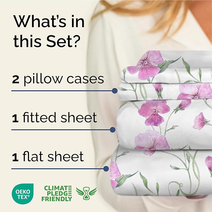 Floral Sheets - Pink Floral Bed Sheet Set - 1 Flat, 1 Fitted & 2 Pillowcases w/ Deep Pockets - Comfy, Wrinkle & Fade Free - Boho Botanical Bedding - Ultra-Soft, Breathable & Cooling - King Size Set