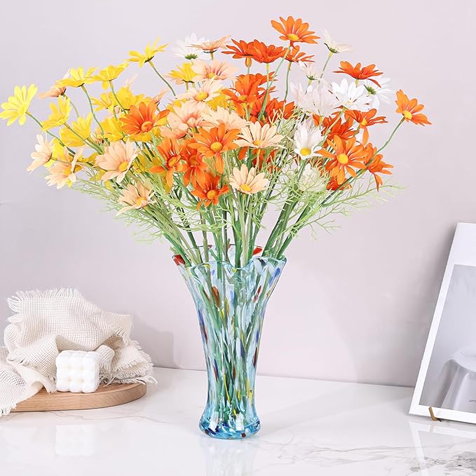 9.0" H Aqua Glass Vases for Flowers, Unique Hand Blown Glass Vase Aqua Home Decor, Wide Mouth Colorful Flower Vase Centerpieces, for Living Room Table Bookshelf, Bathroom Office Shelf Decorative