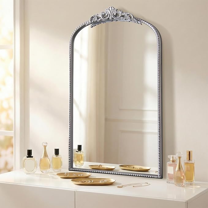 Micasso Vintage Arched Silver Mirror: 31"x19" French Baroque Antique Mirror - Traditional Ornate Decorative for Wall/Bathroom/Entryway/Fireplace/Hallway - Home Decor for Living Room