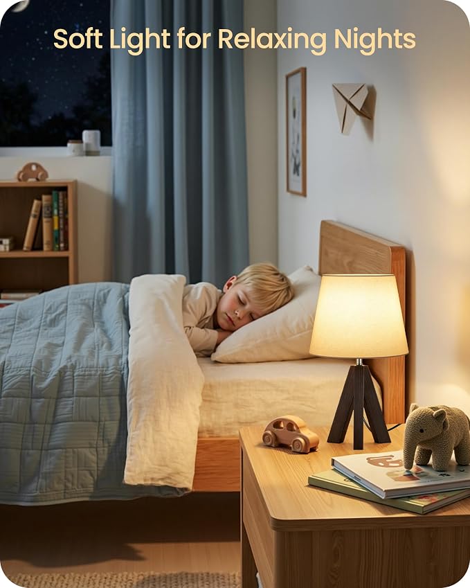 Small Table Lamp for Bedroom, 14.6" Bedside Lamp with White Linen Shade and Walnut Wood Tripod Base, Modern Nightstand Lamp for Living Room, Nursery, Entryway, E26 Socket, VW51TL05